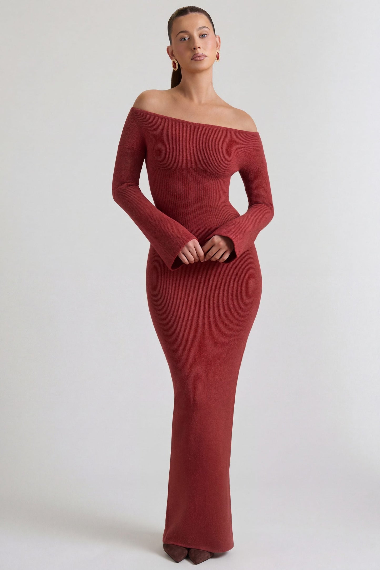 Ribbed-Knit Off-Shoulder Maxi Dress in Brick Red