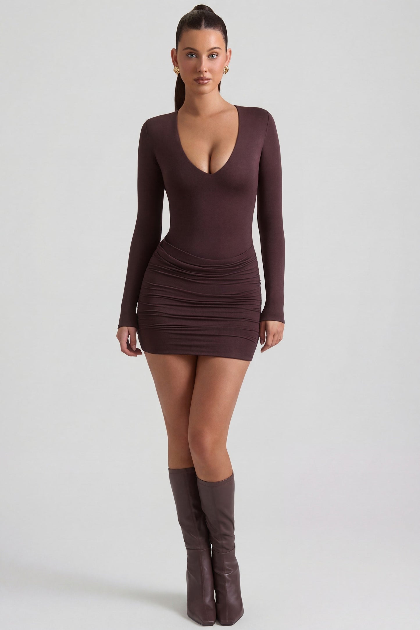 Modal-Cashmere Blend Draped Long-Sleeve Mini Dress in Espresso