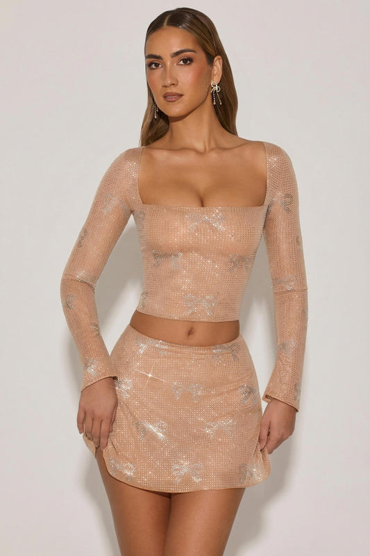 Embellished Bow-Detail Top in Almond
