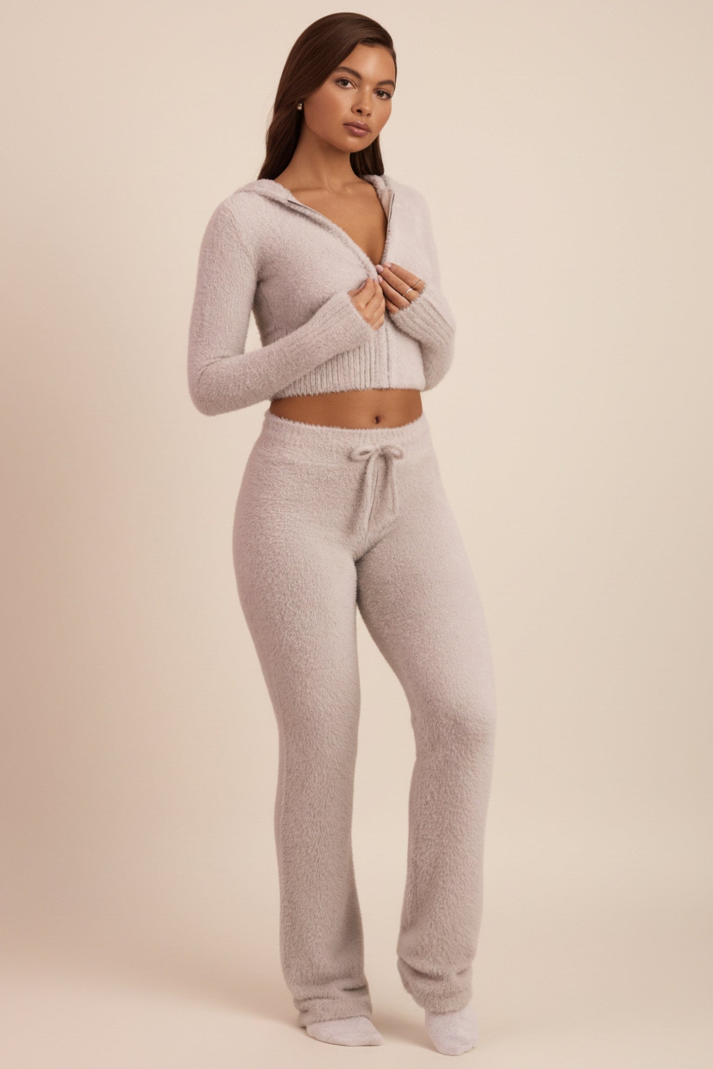 Fluffy Knit Wide-Leg Trousers in Cloud Grey